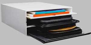 The Pan Pantry bakeware organizer. horizontal bakeware storage