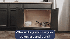 The Pan Pantry in Action in a kitchen organizing bakeware including baking sheets, muffin tins, cookie sheets, cutting boards, racks, pizza stones, and more!